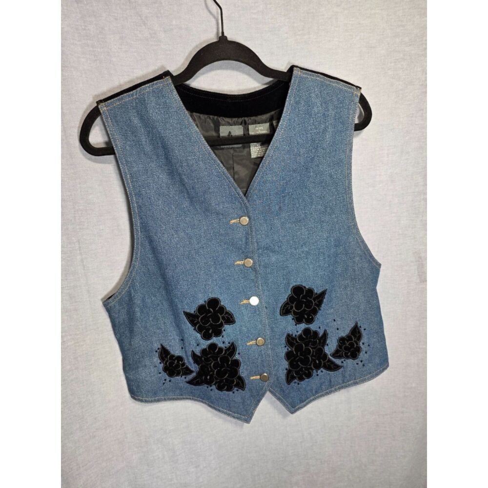 Lizwear Vintage Denim Vest Blue Black Velvet Floral Applique Petite Large Petite